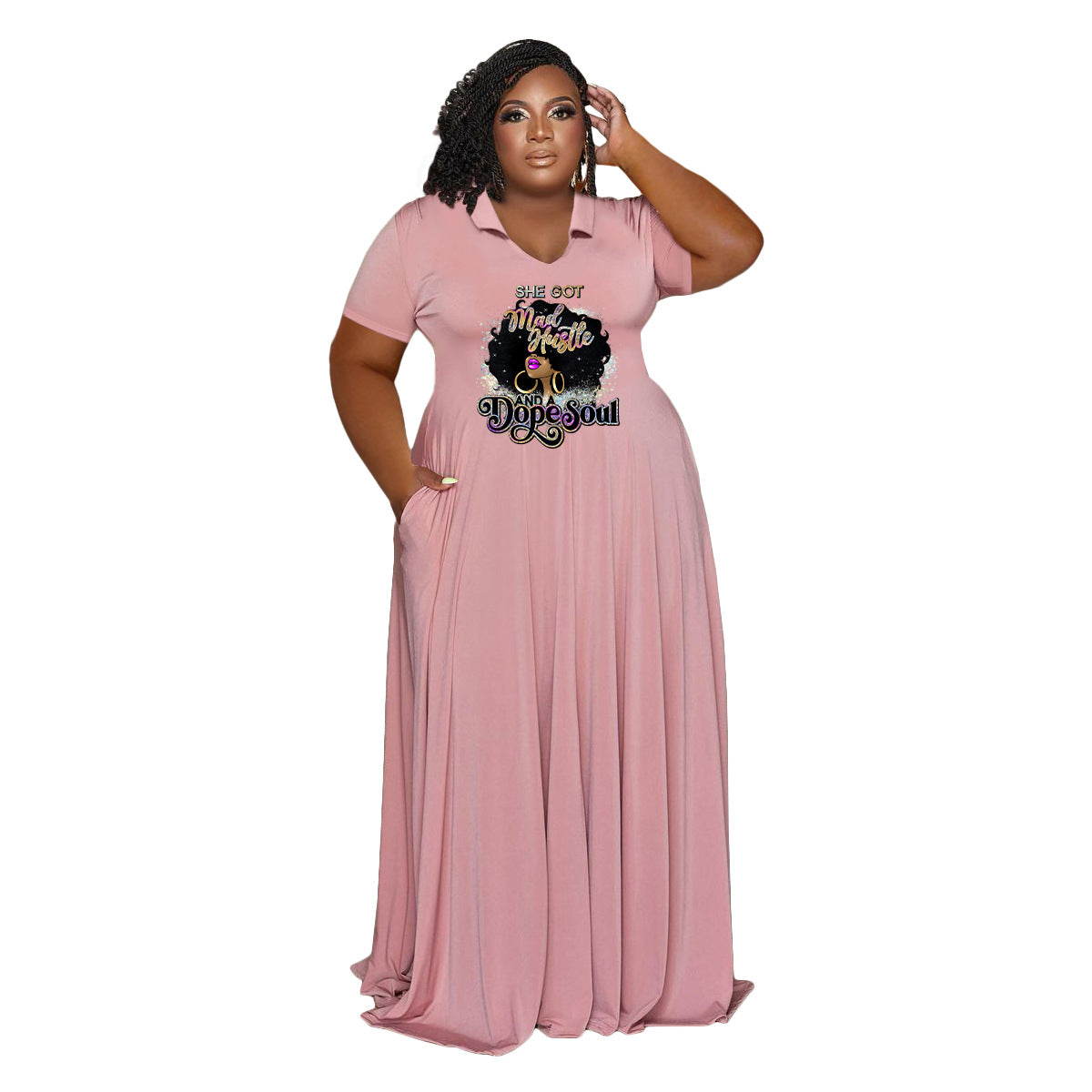Plus Size Women Casual Turndown Collar Printed Short Sleeve Maxi Dress 10