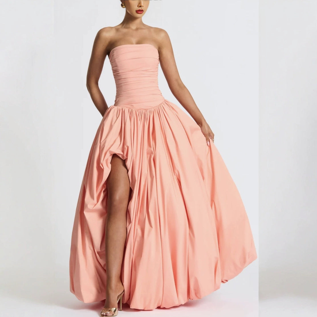 Strapless Solid Color Fashion Slit Maxi Dress for Women 5