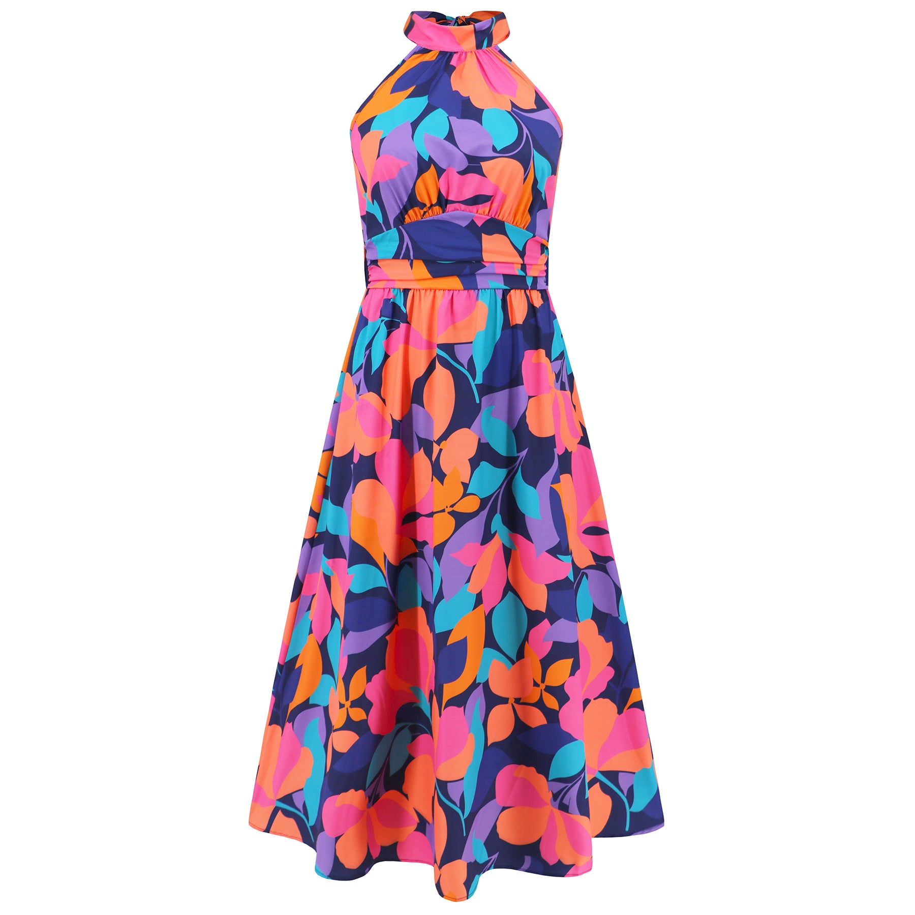 Women Sexy Stand Collar Sleeveless Printed Maxi Dress 15