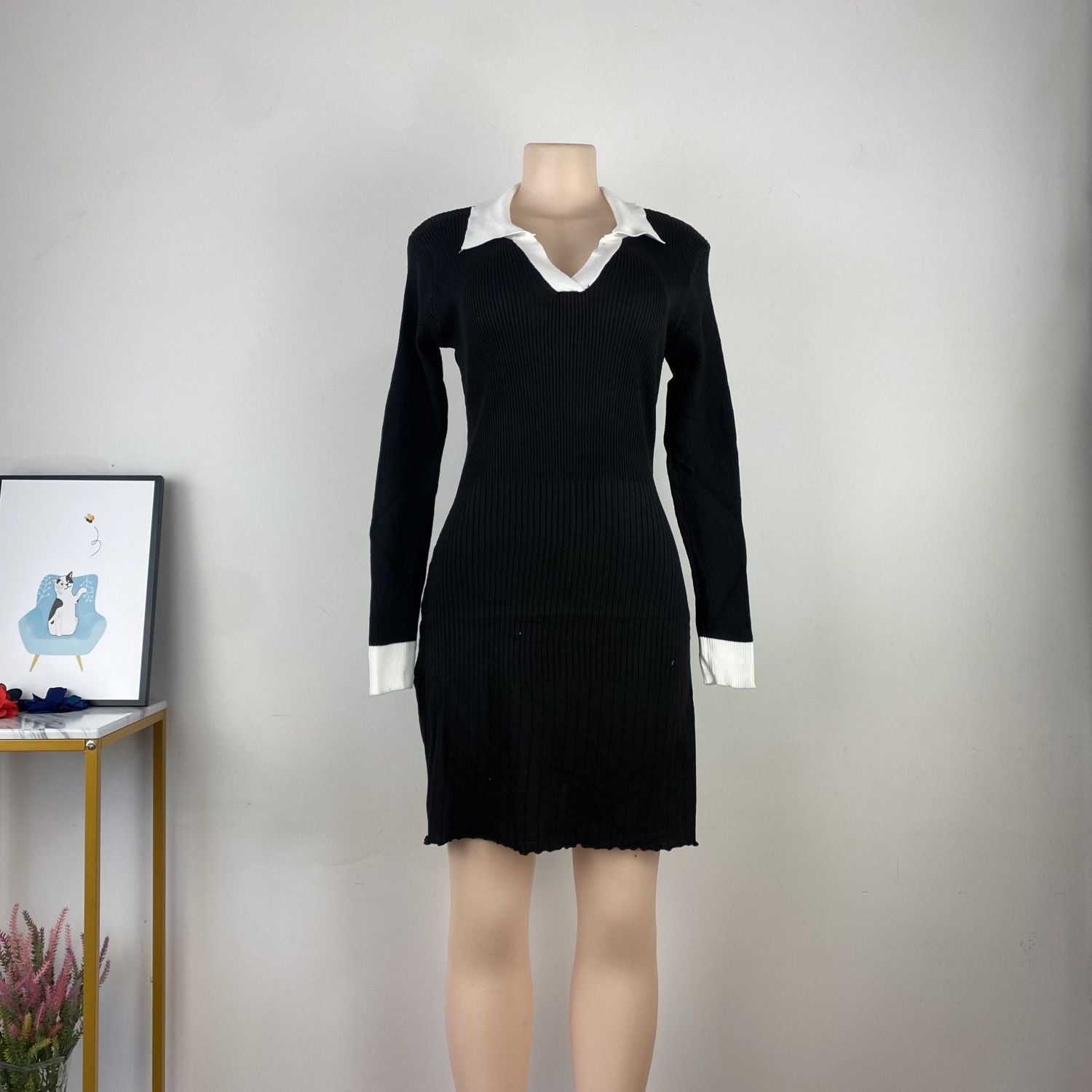 Autumn Casual Chic V-Neck Color Block Slim Fit Stretchy Knit Bodycon Dress 4