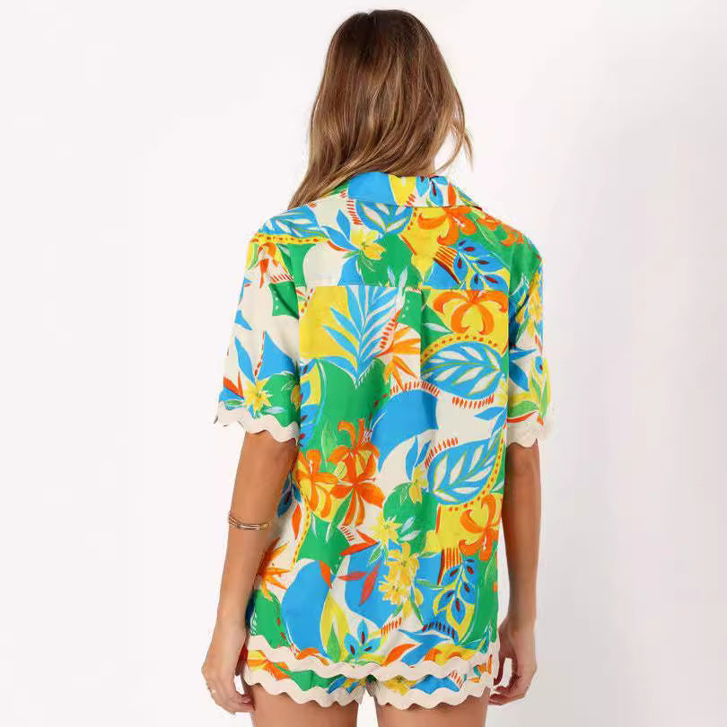 Women's Print Lace Patchwork Short Sleeve Shirt Shorts Two-Piece Set 3