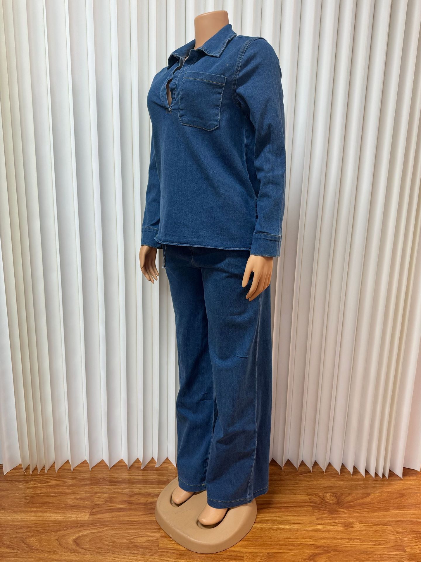 Women Denim Long Sleeve Turndown Collar Pocket Top and Lace-up Pants Two Piece Set 4