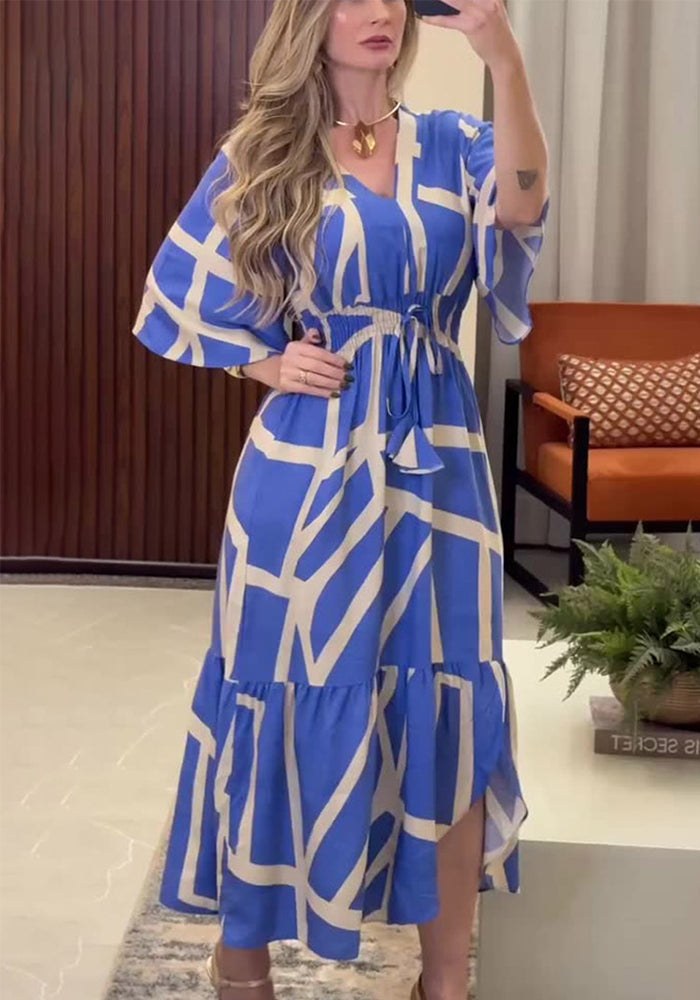 Women Summer U-Neck Printed Long Sleeve Bell Bottom Sleeve Dress