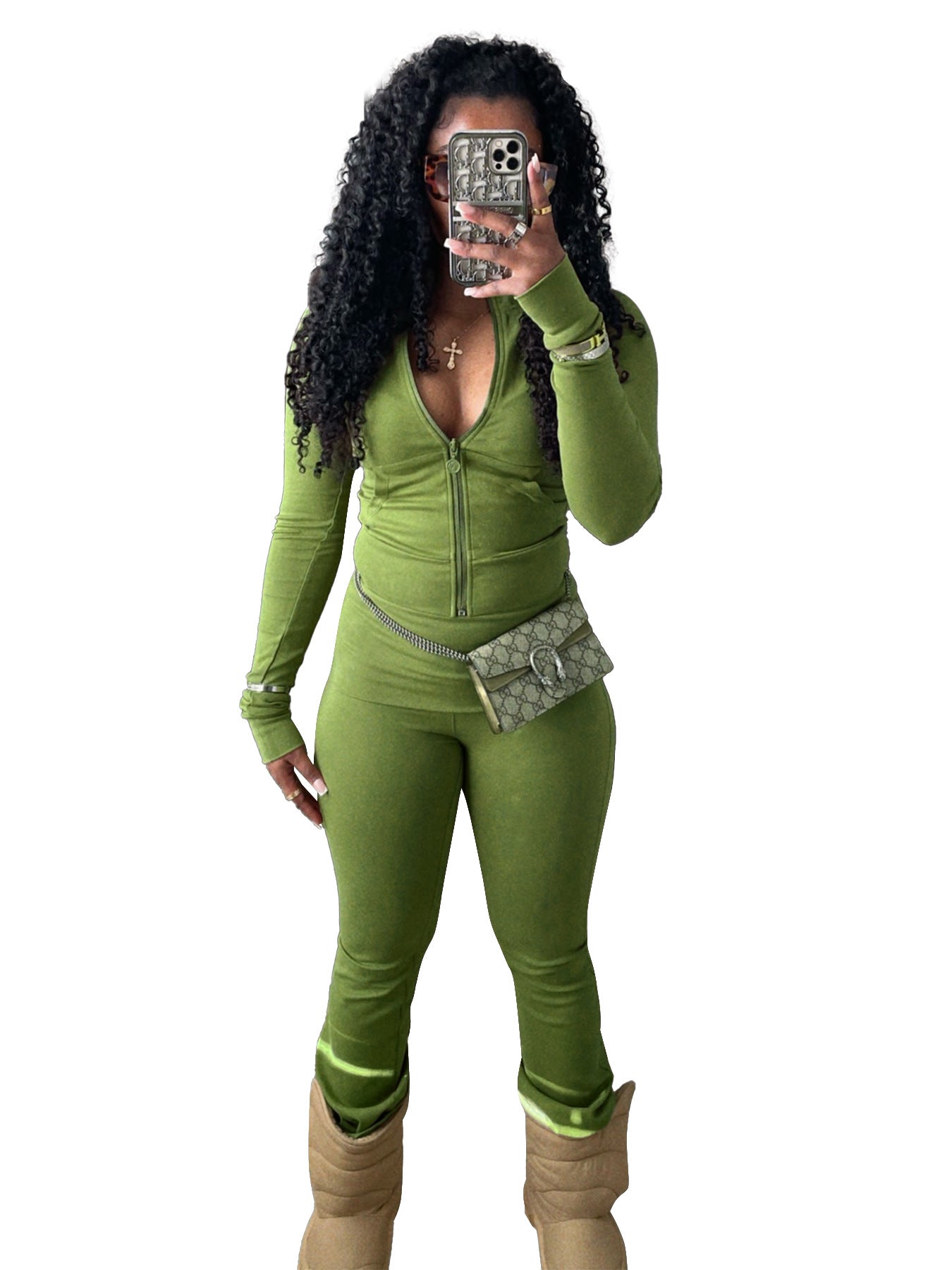 Women Sports Casual Zipper Top and Bell Bottom Pants Two-piece Set 10