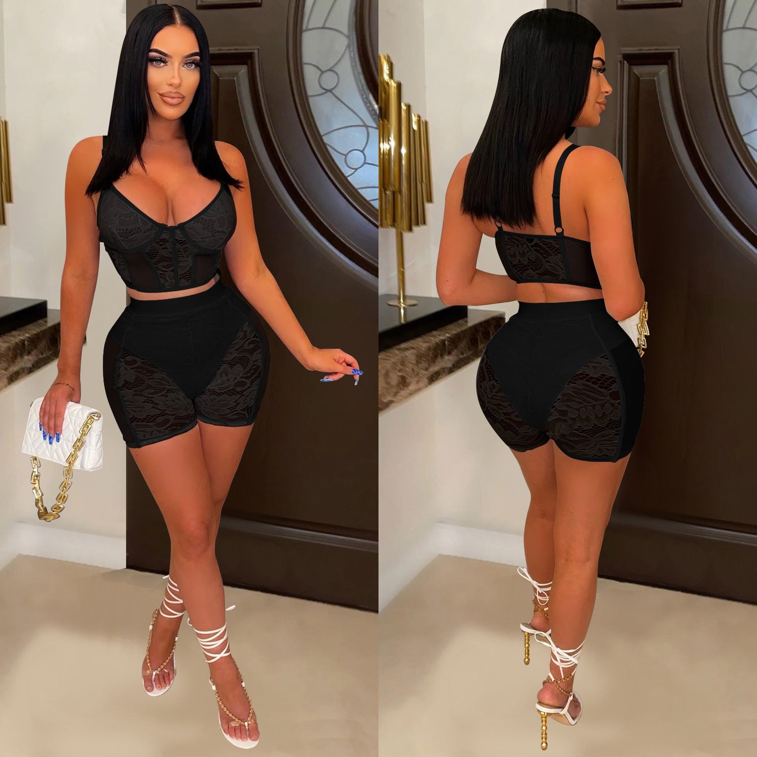 Women Solid Sexy Lace Sleeveless Top and Shorts Two-piece Set 7