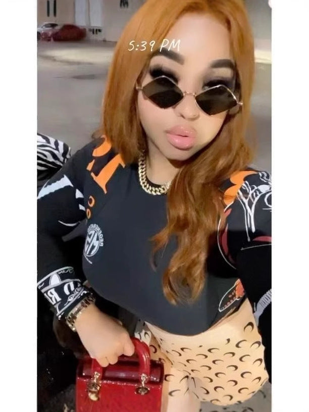 Women trendy moon print stretchy sexy long-sleeved top trousers two-piece set 6