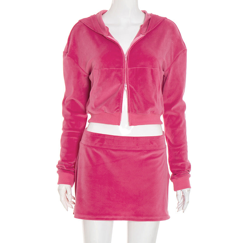 Women Sexy Hooded Long-Sleeved Crop Top and Skirt Two-Piece Casual Set 11