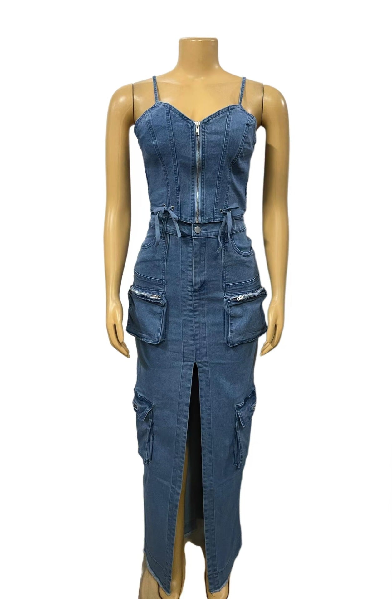 Women’s Fashion Zipper Strap Top Cargo Denim Skirt Set 6