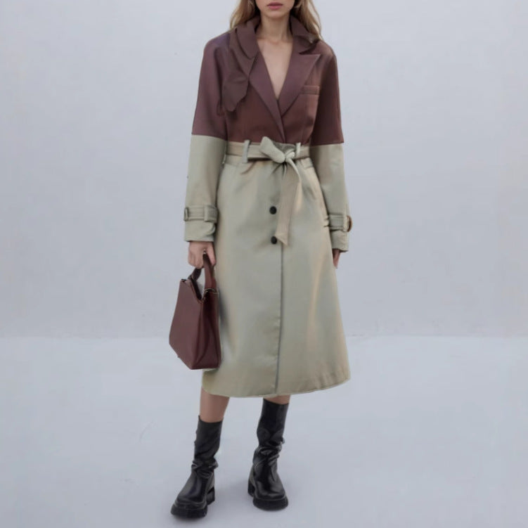 Women Fashion Contrast Patchwork Lace-Up Coat Windbreaker