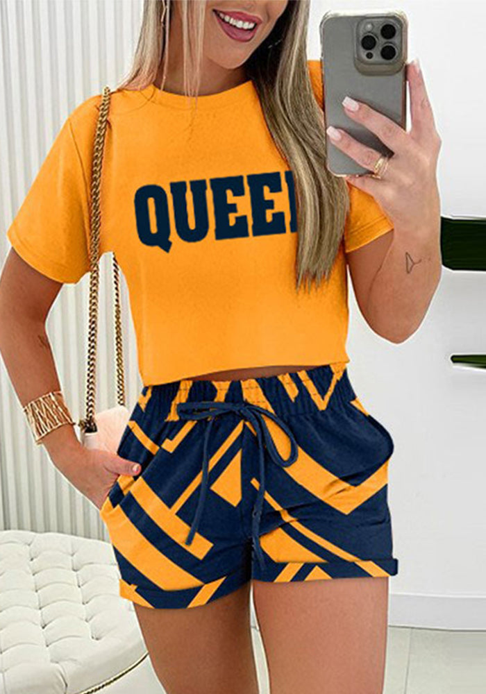 Women round neck printed short sleeve top and lace-up shorts two-piece set