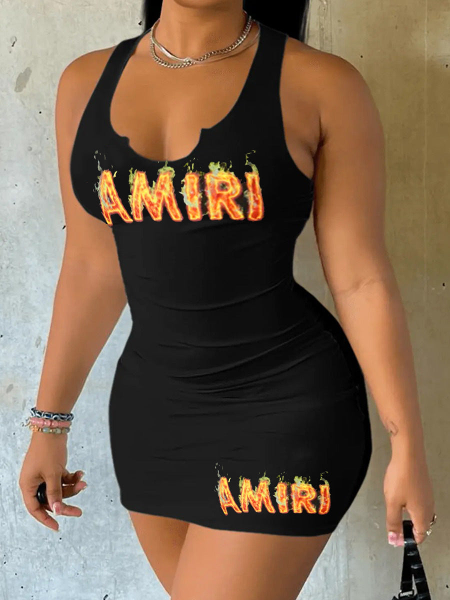 Summer Letter Print Strap Slim Casual Dress