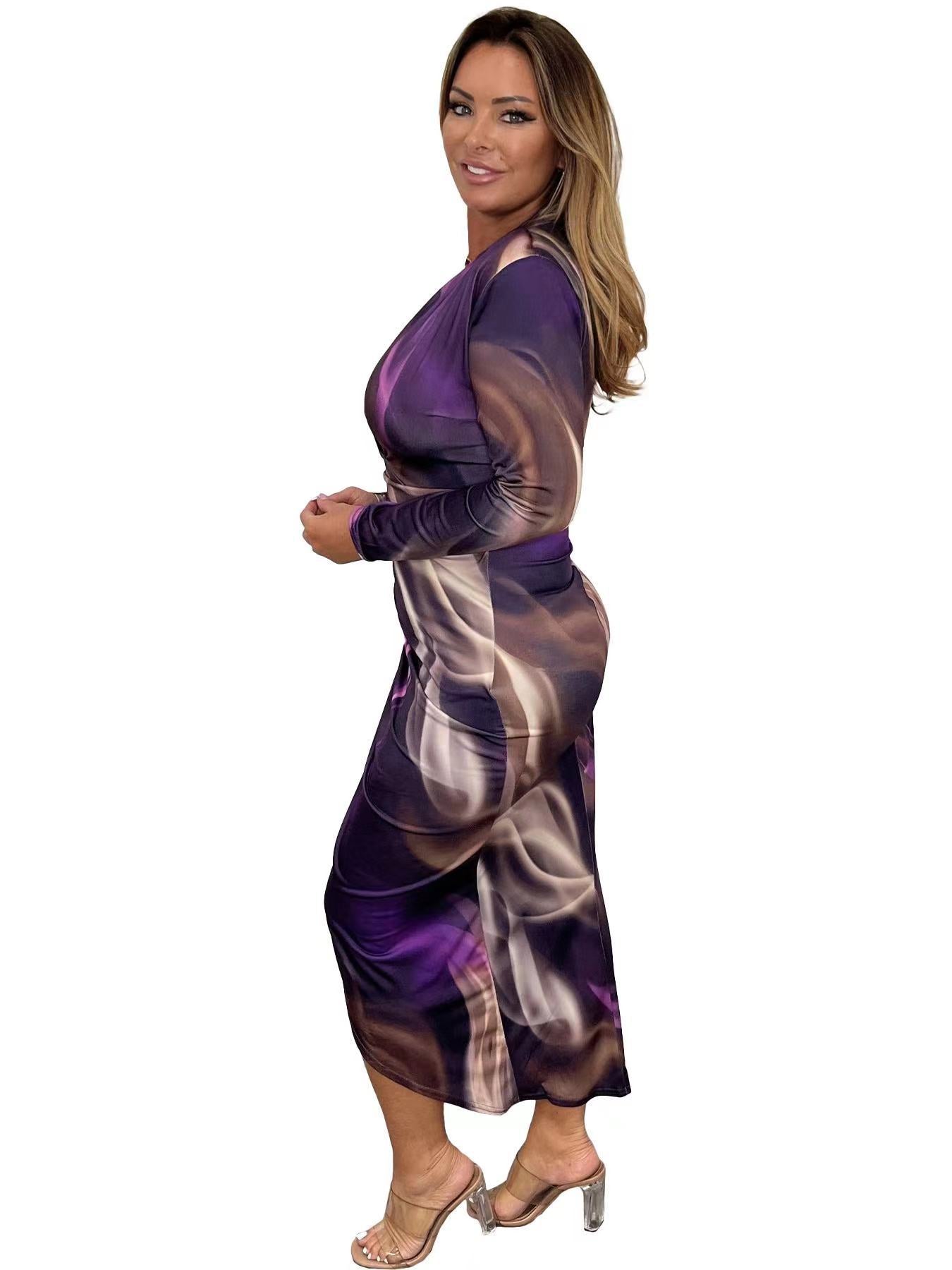 Autumn And Winter Women 's V-Neck Fashion Printed Slim Long-Sleeved Bodycon Dress 5