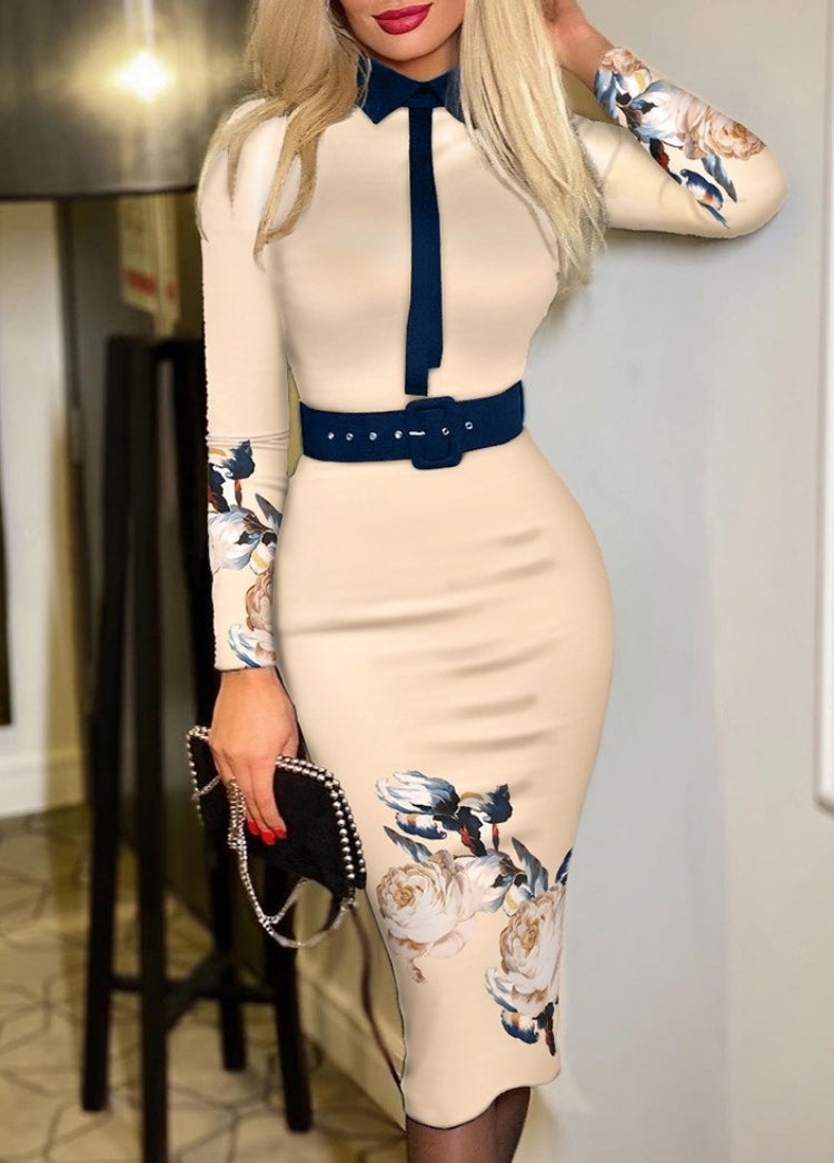 Autumn Beige Print Professional Midi Office Dress