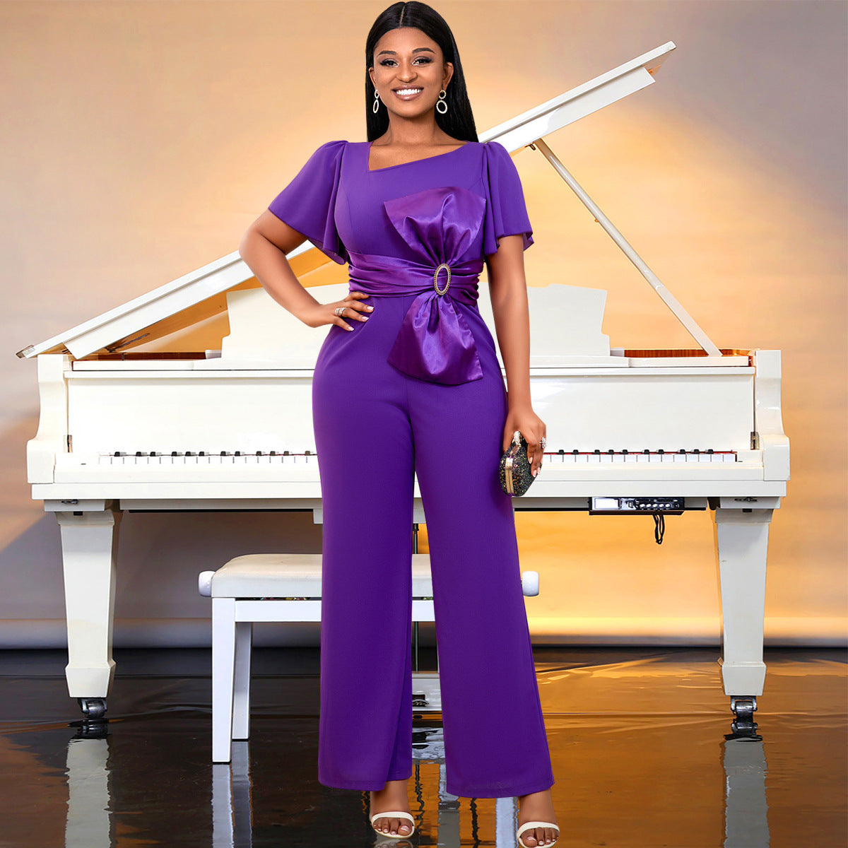 Elegant Irregular Neck Bow Formal Party Jumpsuit 3