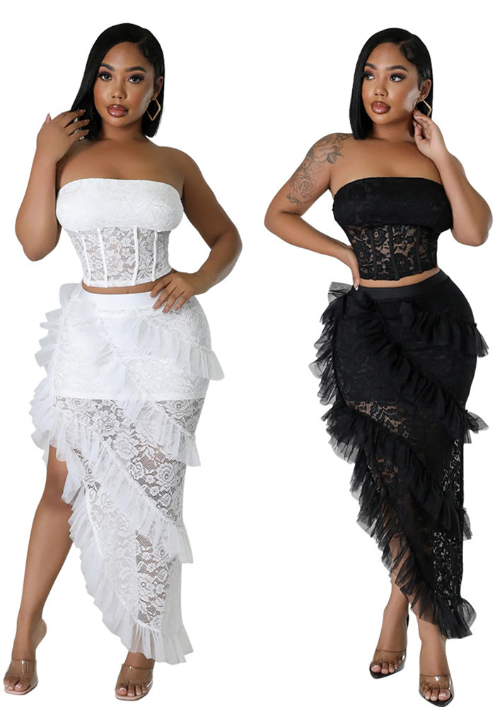 lace Strapless top irregular skirt solid color women two-piece set 4