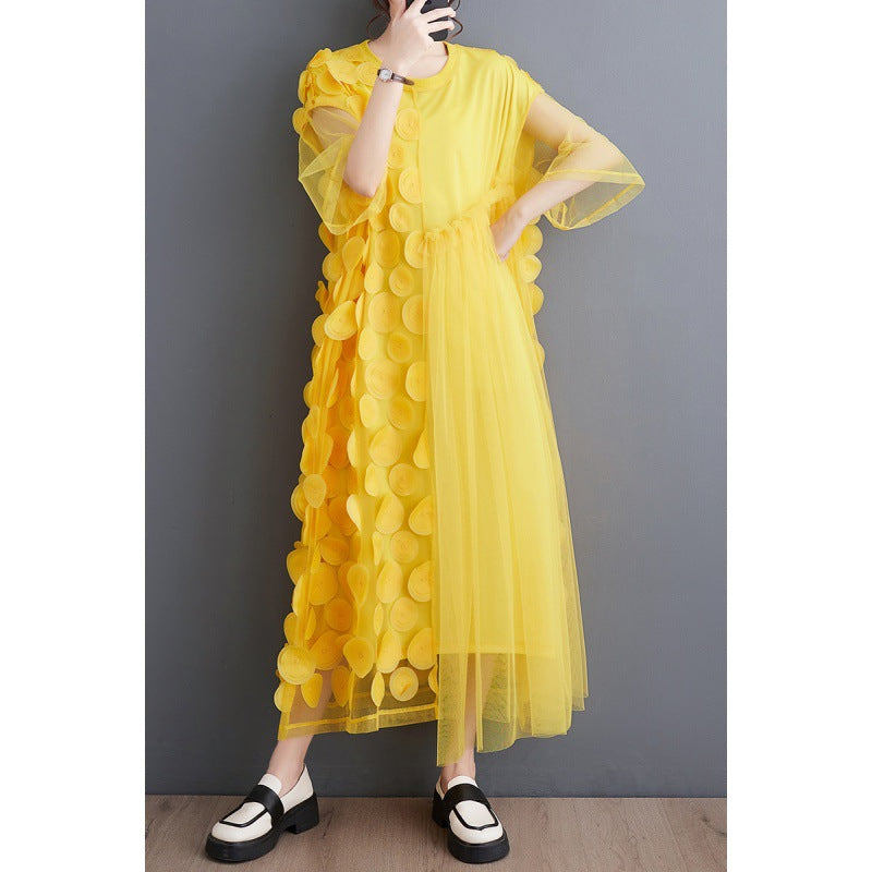 Summer Plus Size Women Polka Dot Mesh Patchwork Irregular Maxi Dress