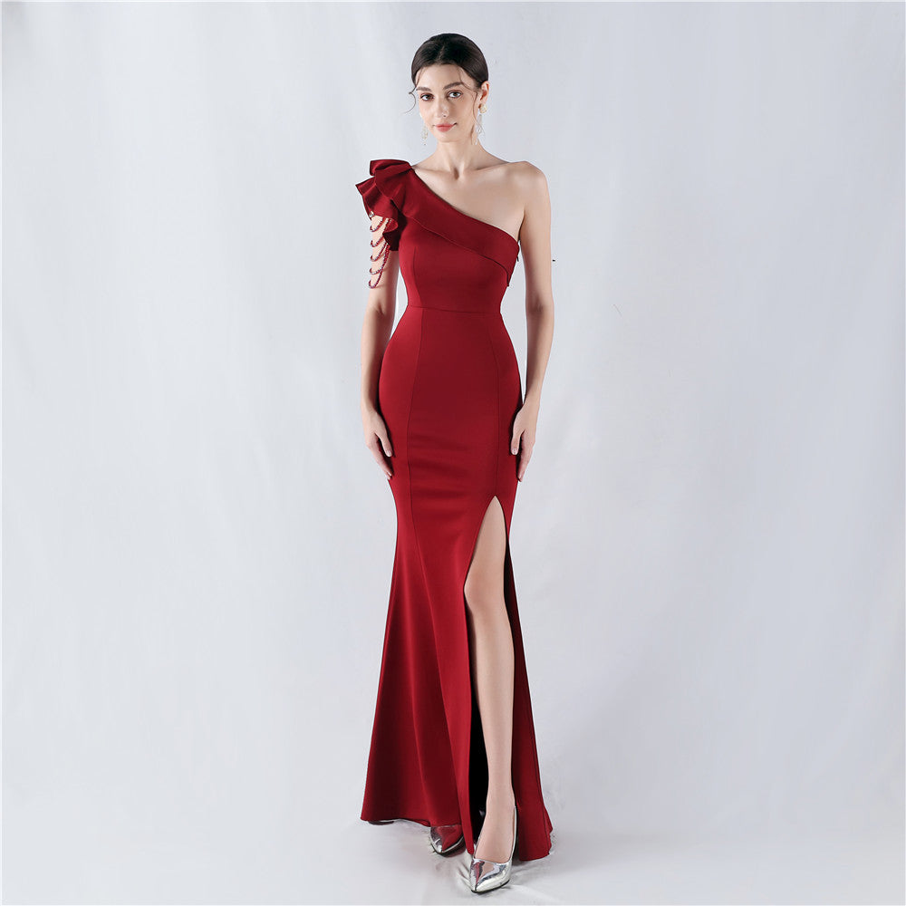 Women Beaded One-shoulder Slash Shoulder Evening Dress 4