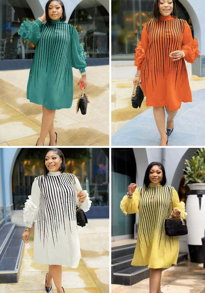 Plus Size African Women Pleated Beaded Dress