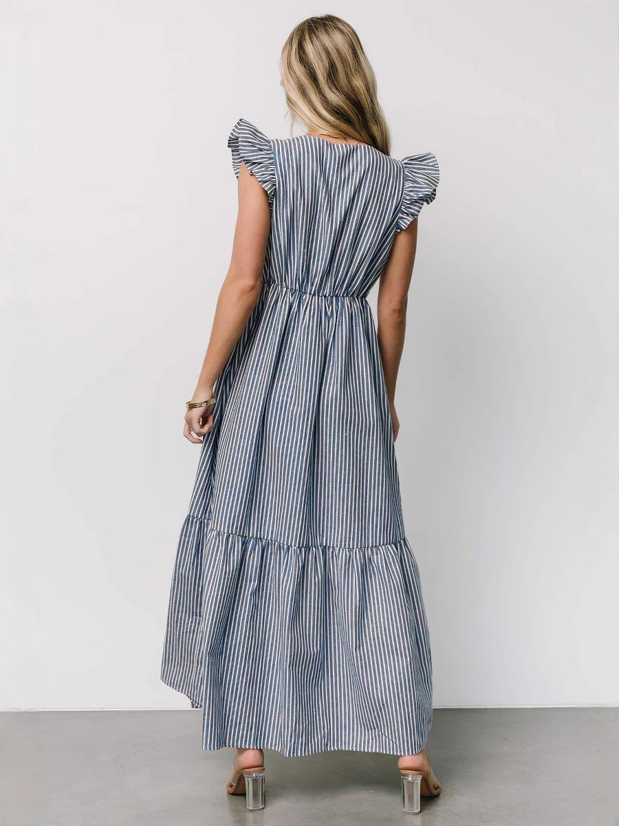 Women's Striped Print Holiday Long Dress Bohemian V-Neck Shirt Dress 5