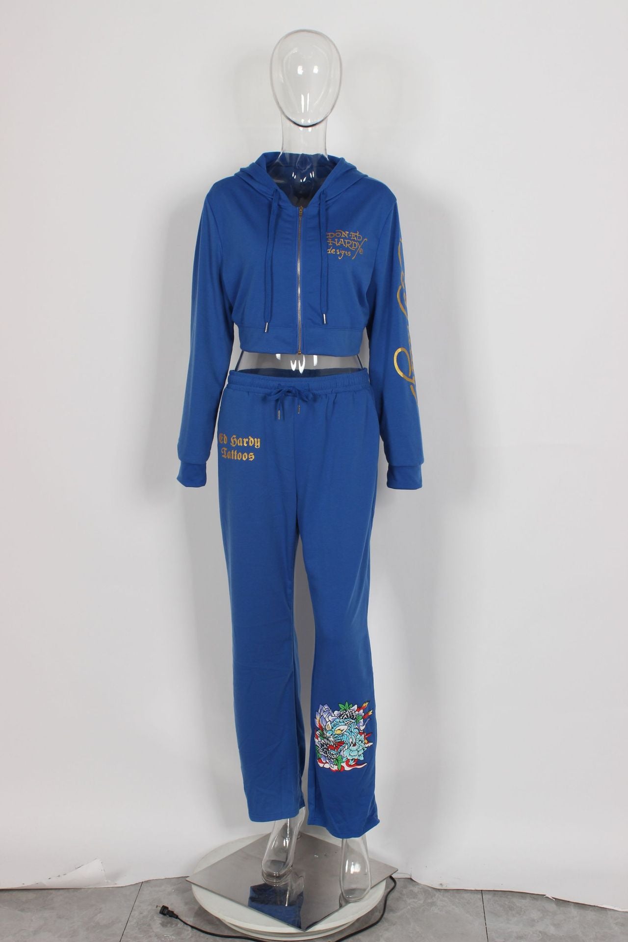 Fashionable street printed zipper short hoodies high waist straight trousers two piece set 27