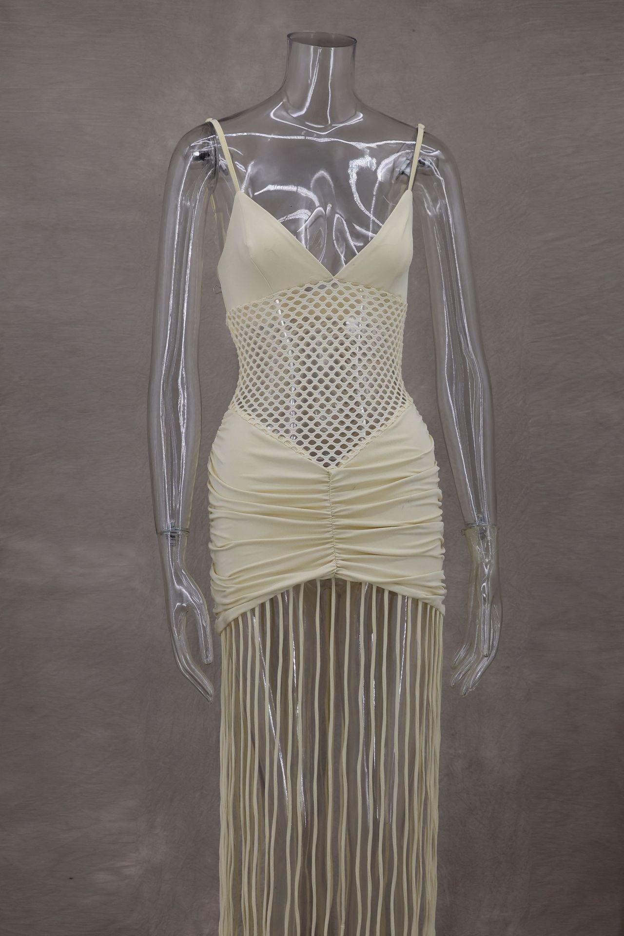 Women Spring and Summer Strap Mesh Sexy Pleated Bodycon Tassel Dress 6