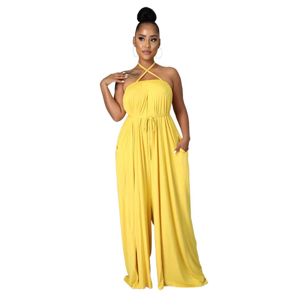 Solid Color Summer Sleeveless Slim Waist Wrapped Breast Loose Wide Leg Women's Jumpsuit 12