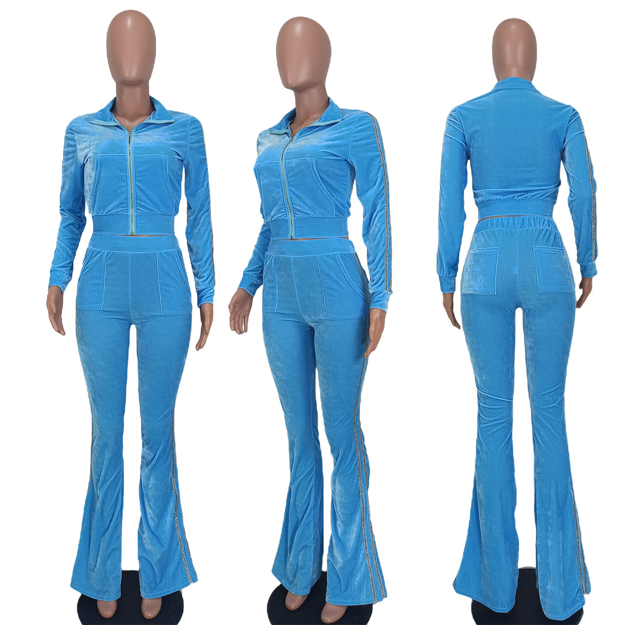 Women's Solid Velvet Casual Zip Top Wide Leg Pants Two Piece Tracksuit 60