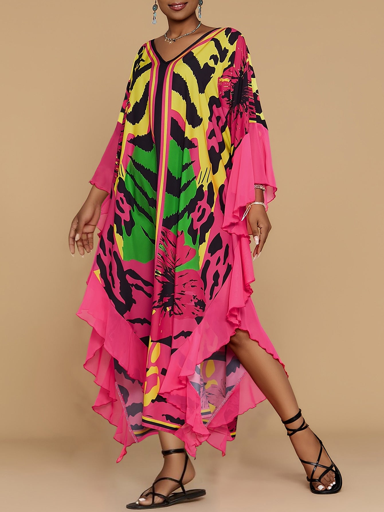 Plus Size Women Elegant Sleeve Printed Cardigan Dress 4