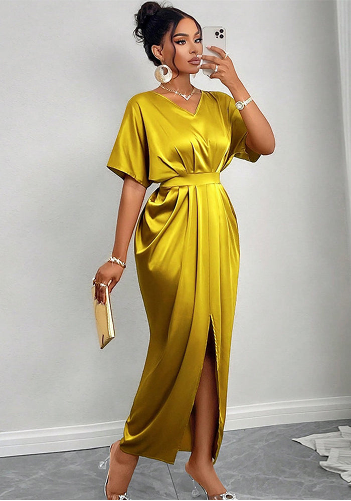 Women's Spring Chic Elegant V-neck Short Sleeve High Waist Slit Long dress