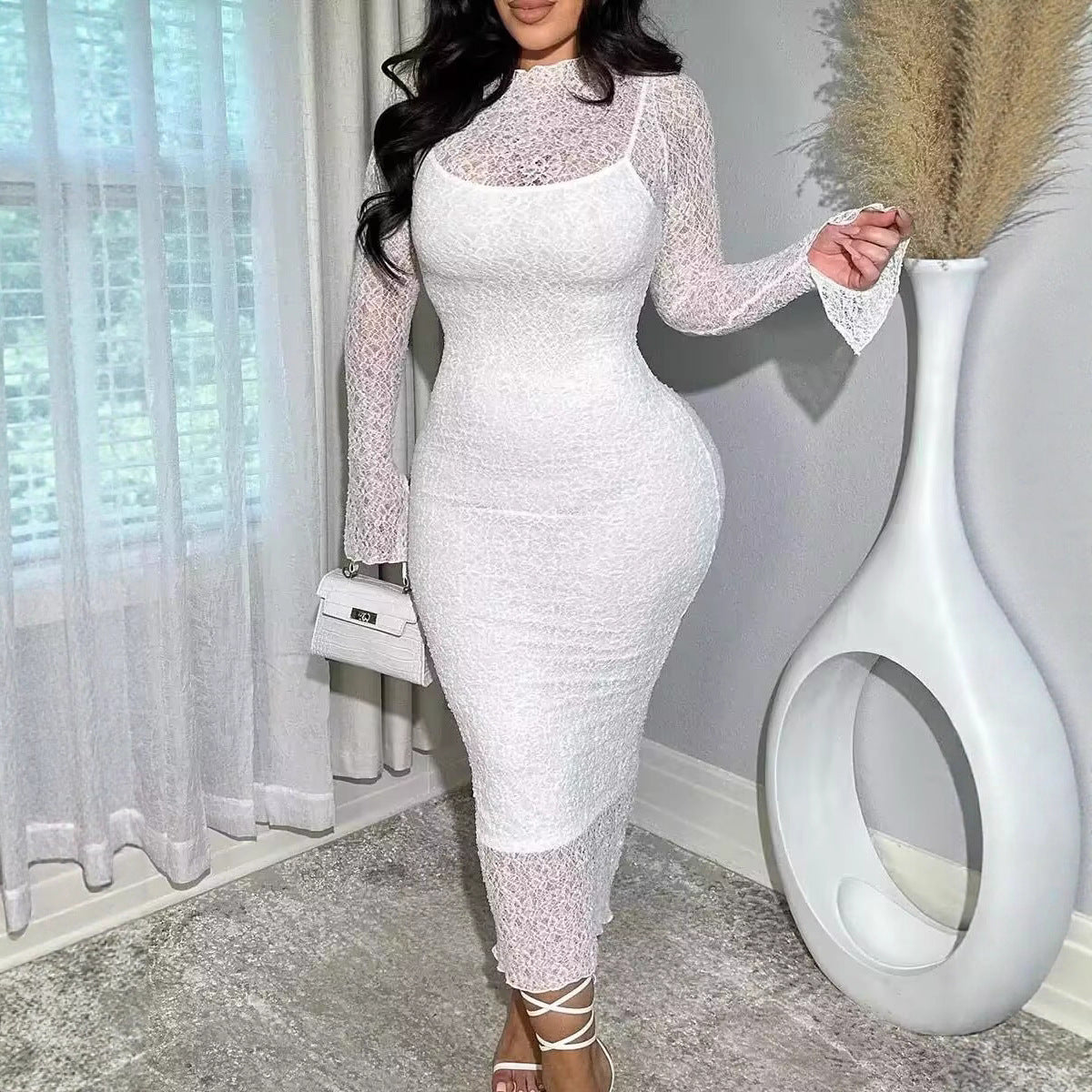 Women Lace Sleeve See-Through Sleeve Sexy Dress 5