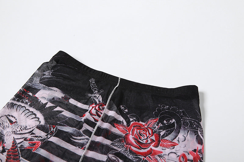 Women sexy mesh See-Through printed Top and high-waisted Casual trousers two-piece set 17