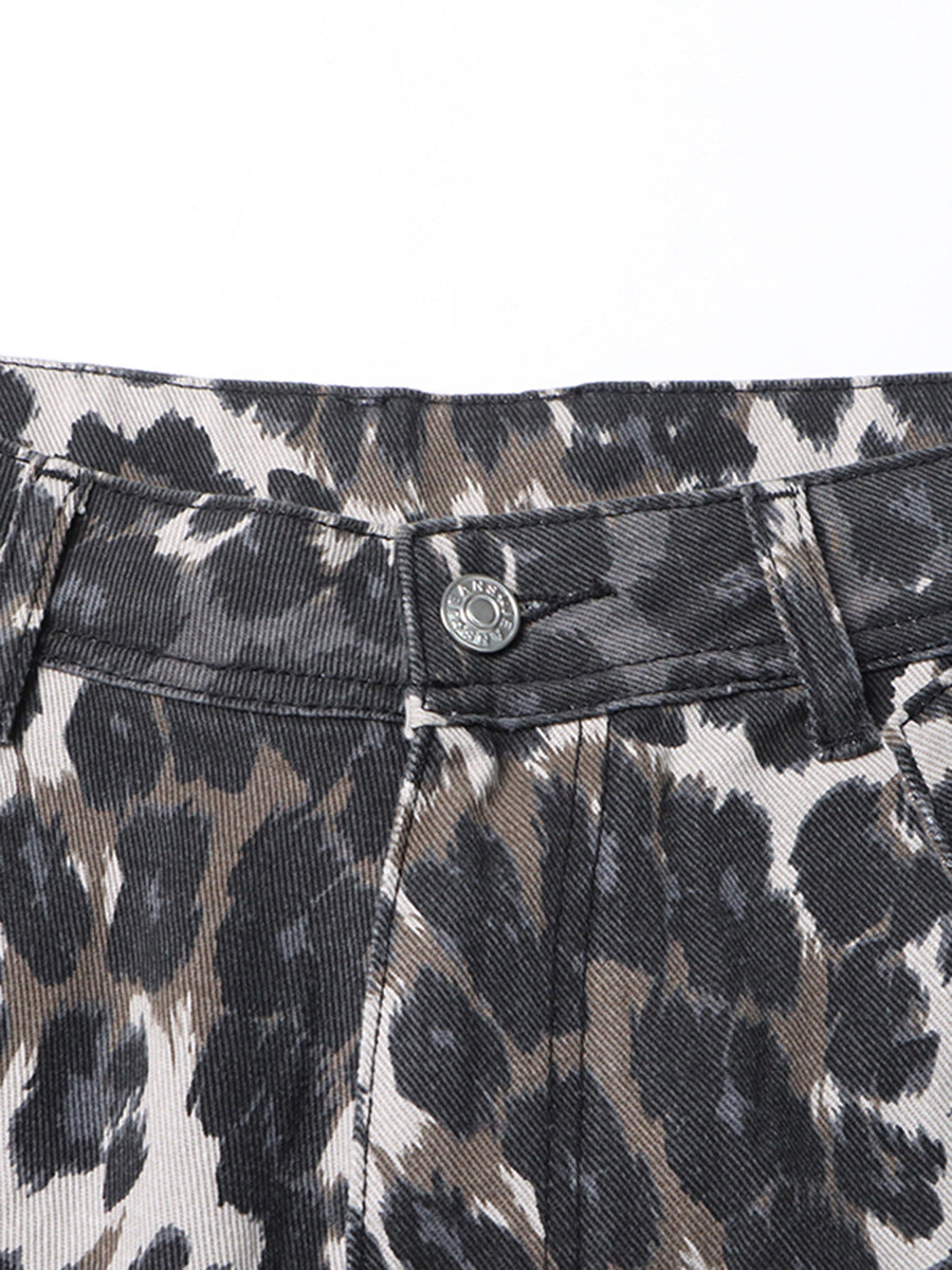 Autumn American Retro Leopard Print High Waisted Slim Fit Straight Jeans Ripped Denim Pants 4