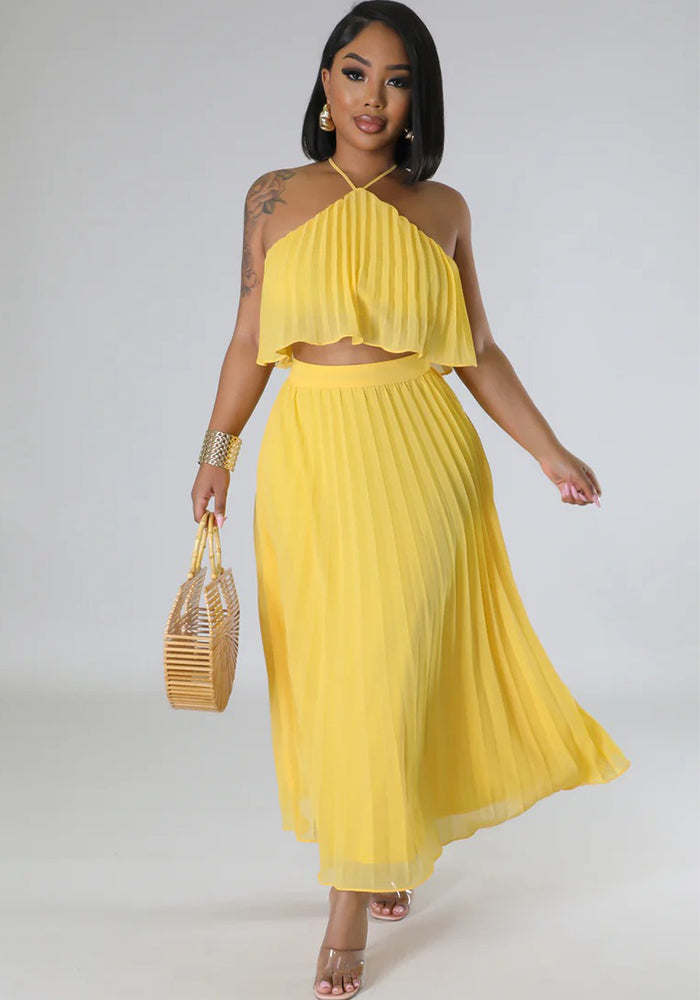 Sexy Low Back Halter Neck Tank Top Pleated Maxi Skirt Two-Piece Set