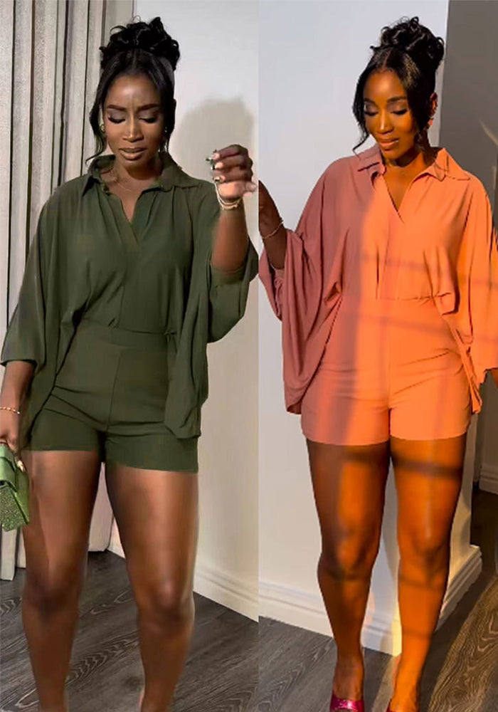 Sexy Solid Color Bat Sleeves Loose Shirt Shorts Two Piece Set 4
