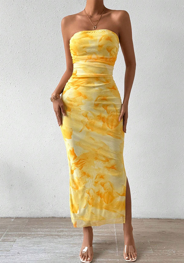 Elegant Strapless Yellow Tie-Dye Printed Side Slit Slim Summer Holidays Dress