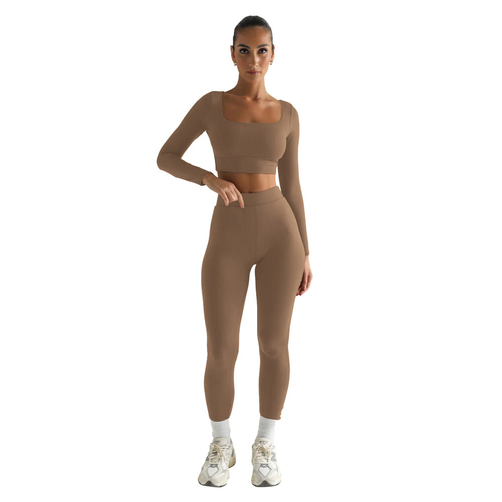 Women Winter Solid Long Sleeve Square Neck Top and Pant Two-piece Set 9