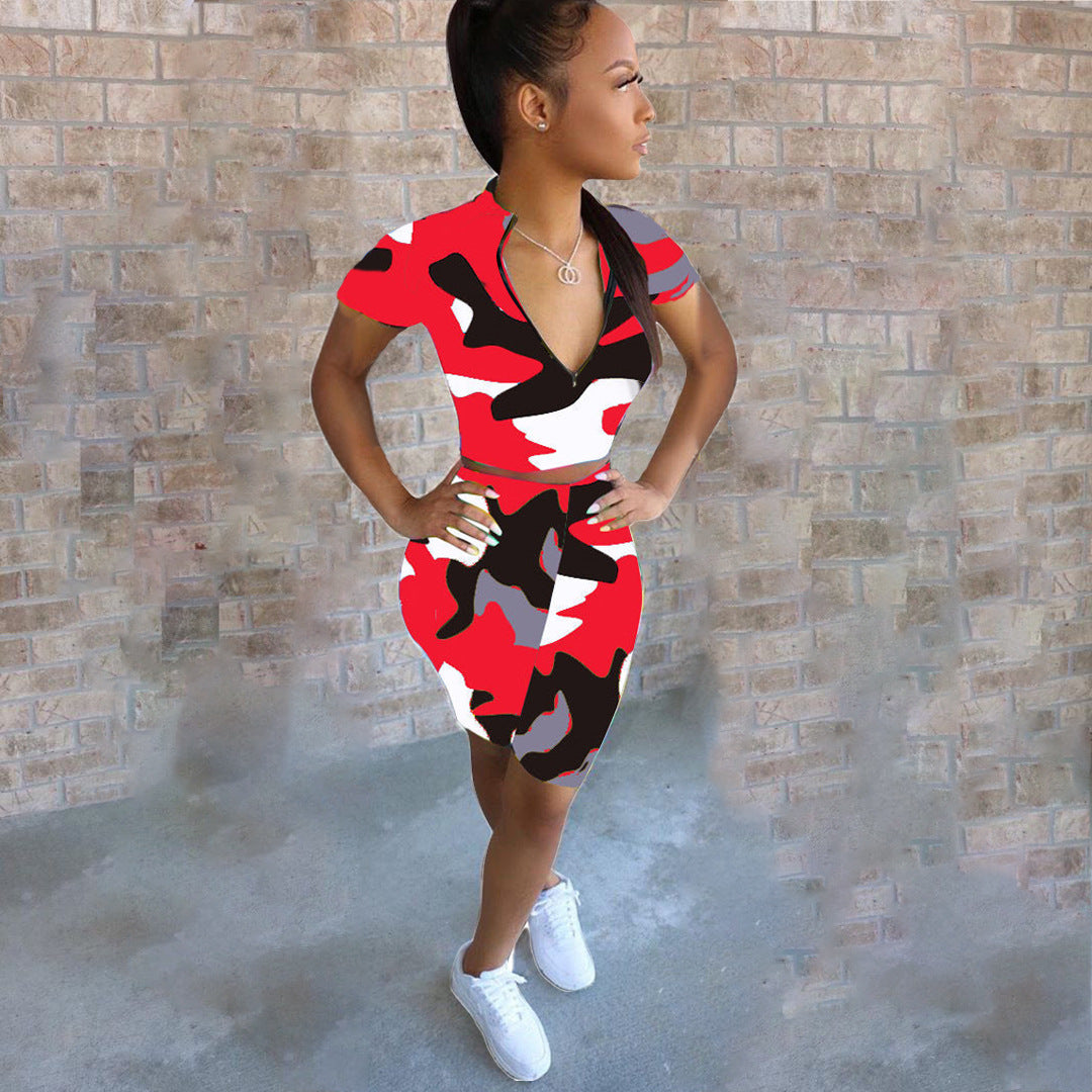 Women's Sexy Camouflage Short Sleeve Zipper High Waist Two-Piece Set 5