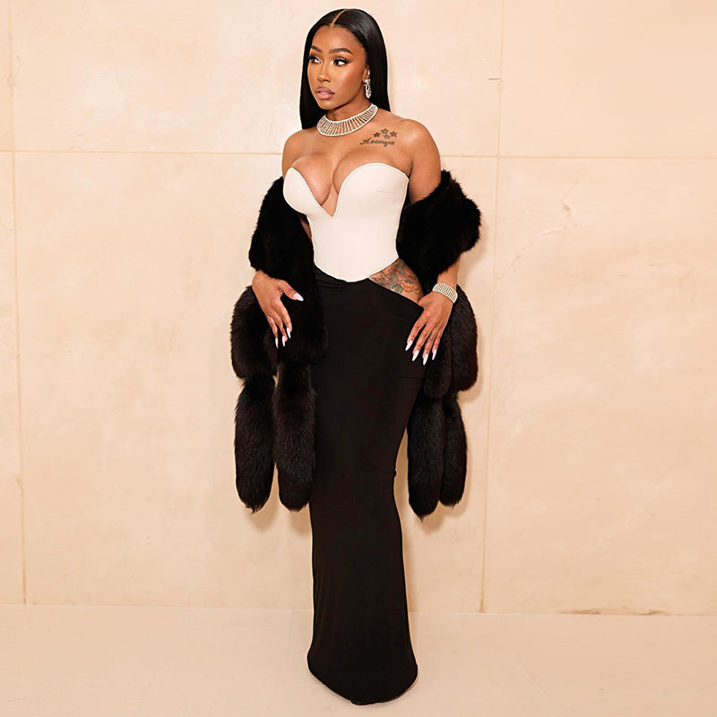 Women sexy contrasting colors Patchwork Maxi Dress 4