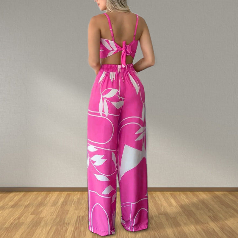 Women Summer Sexy Tube Top And Tie Loose Wide Leg Pants Print Two Piece Set 6