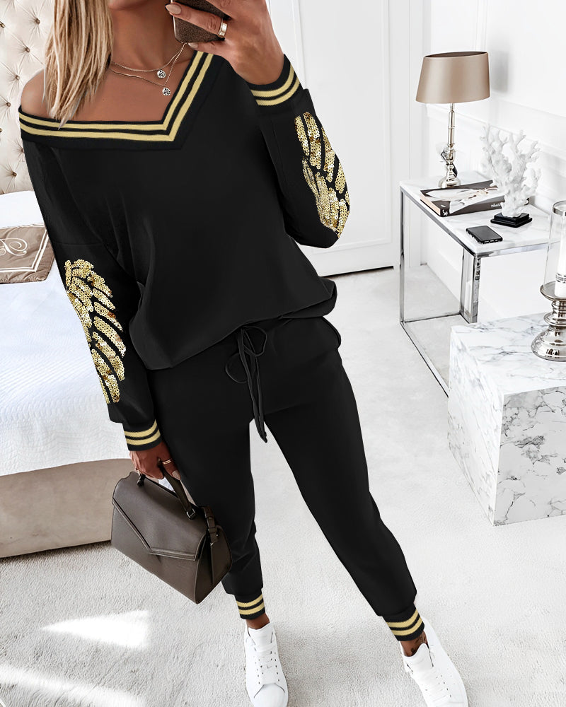 Autumn Winter Women V-Neck Long Sleeve Top Pocket Pants Casual Two-Piece Set 4