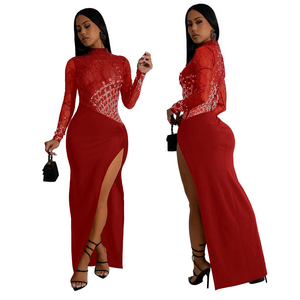 Women High Neck Long Sleeve Beaded Slit Party Dress 4