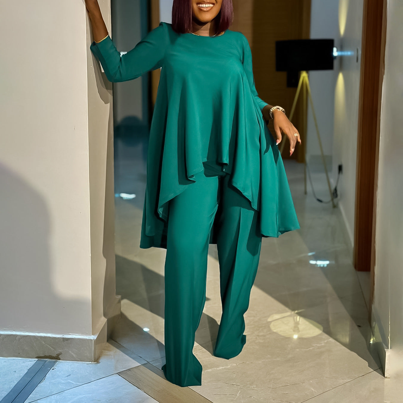 Plus Size Women Long Sleeve Top and Wide Leg Pants Set 9