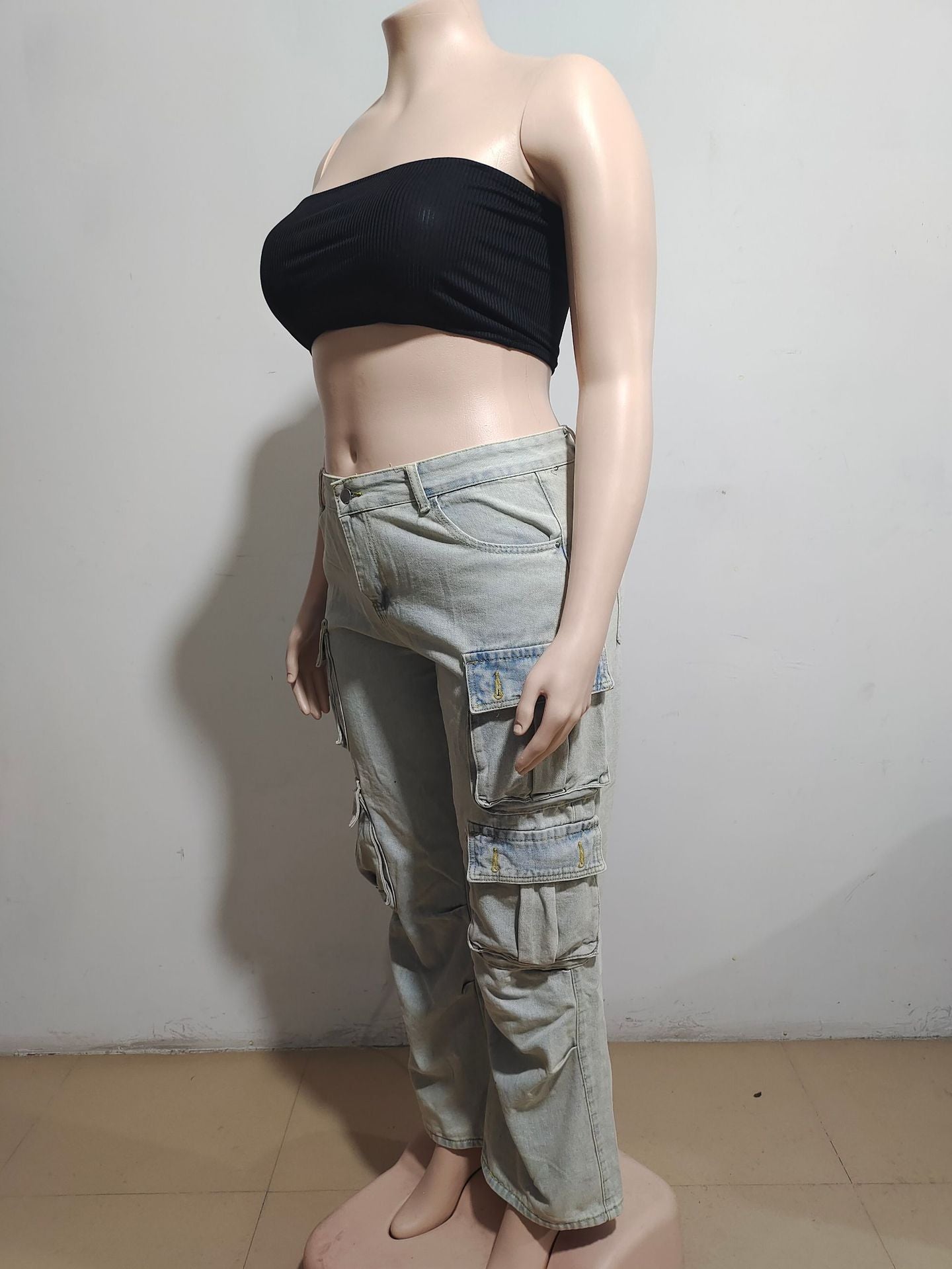 Women American Fashion Retro Cargo Denim Straight Pants 10
