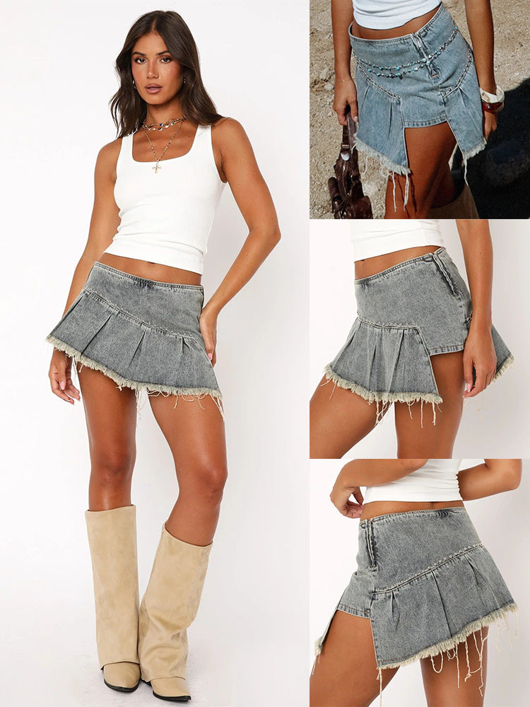 Women’s Summer Irregular Pleated A-Line Denim Mini Skirt 3