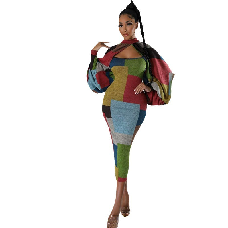 Women Patchwork Contrast Print Long Sleeve Dress 6