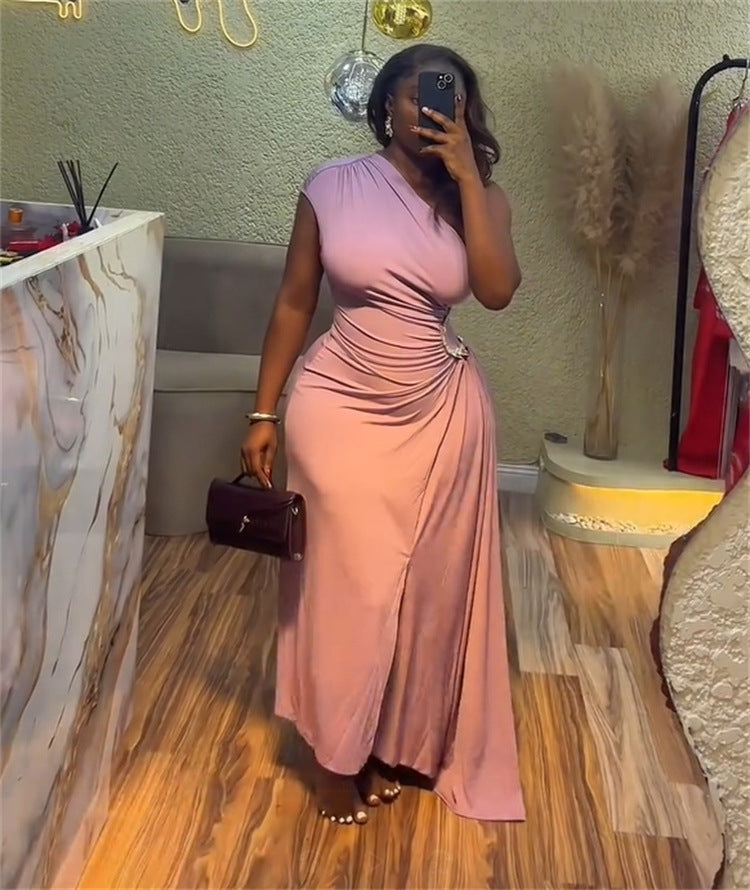 Women's Summer Chic Slash Shoulder Pleated Crystal-Detailed Slim Waist Asymmetrical Maxi Dress 3