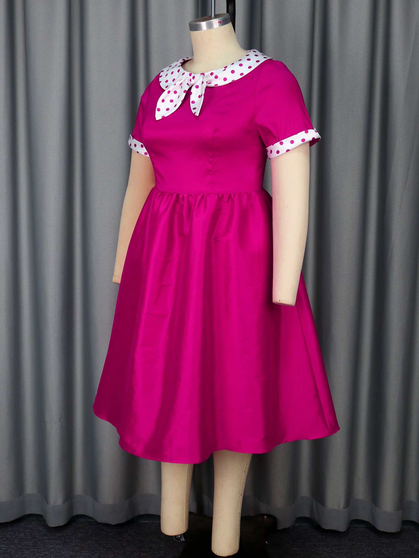Plus Size Contrast Color Polka Dot Rose A-Line Career Dress 15