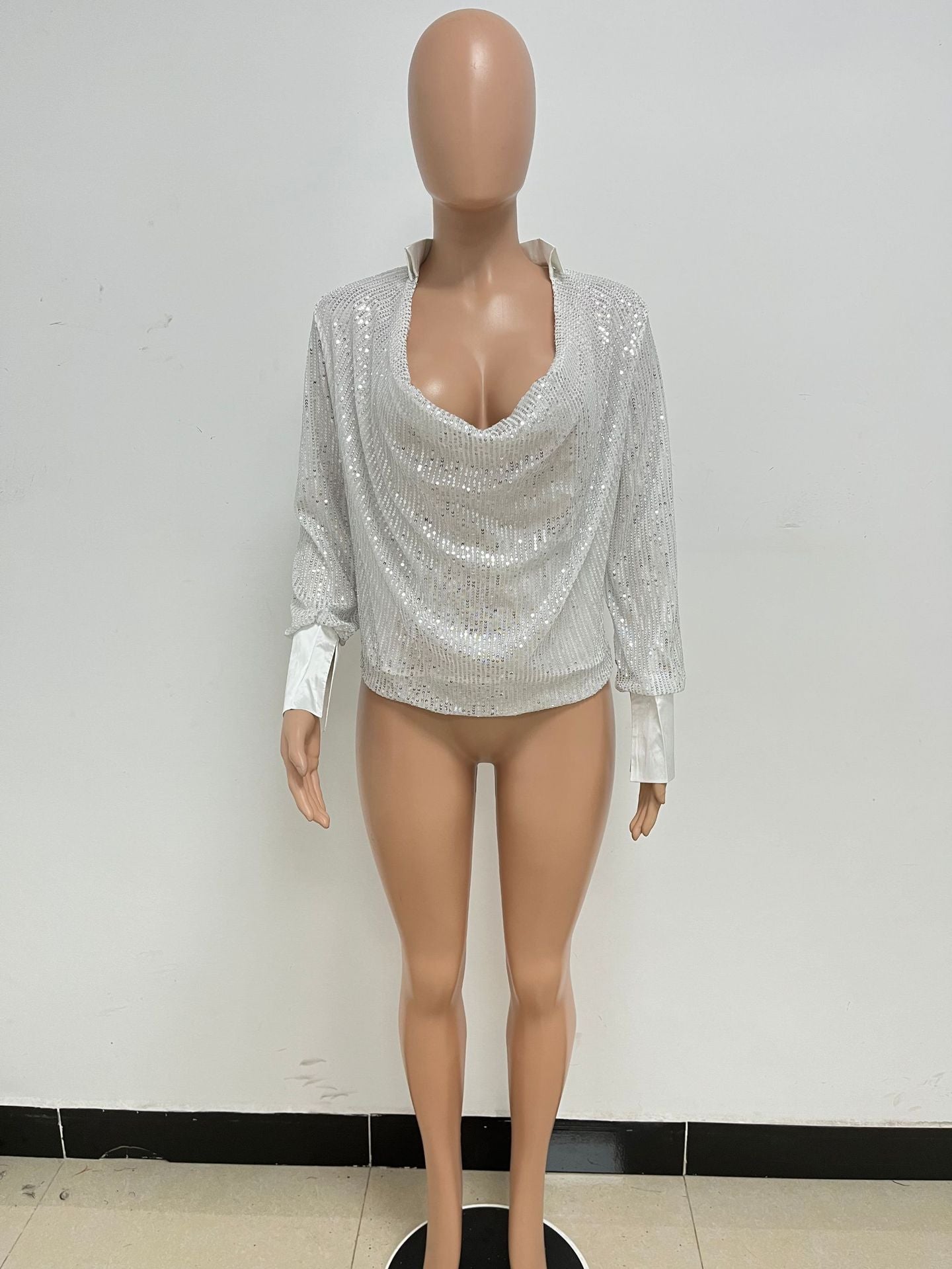 Women's Deep V Pleated Loose Ladies Chic Sequin Long Sleeve Shirt 32