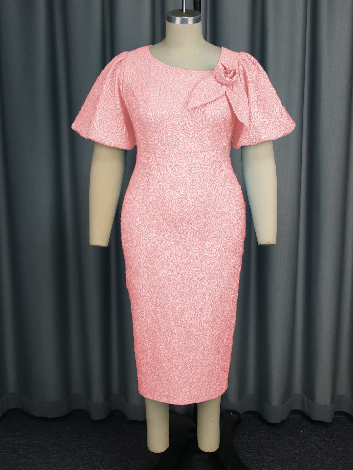 Plus Size Asymmetrical Puff Sleeve High Waist Jacquard Formal Dress 21