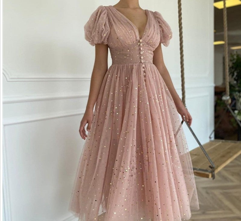 Women v-neck lantern sleeve sparkling mesh dress 3